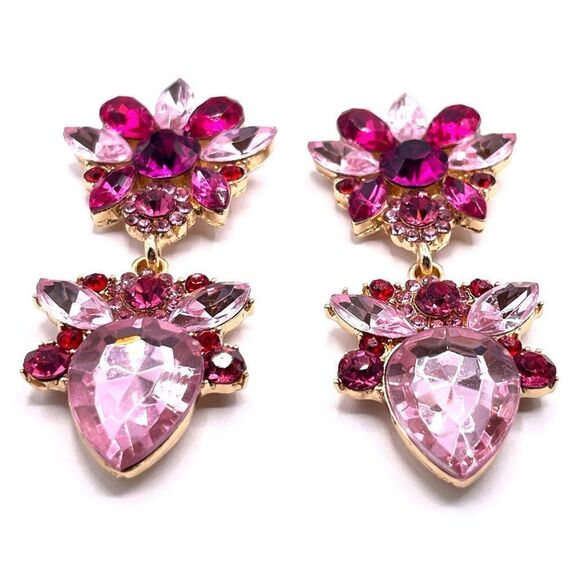 Yellow Gold and Light and Dark Pink Crystal Dangling Art Deco Post Back Earrings - Picture 2 of 6